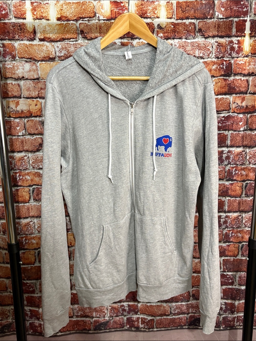 Buffalo NY Buffalove Light Gray Hooded Zip Jacket with Logo Bills large men’s